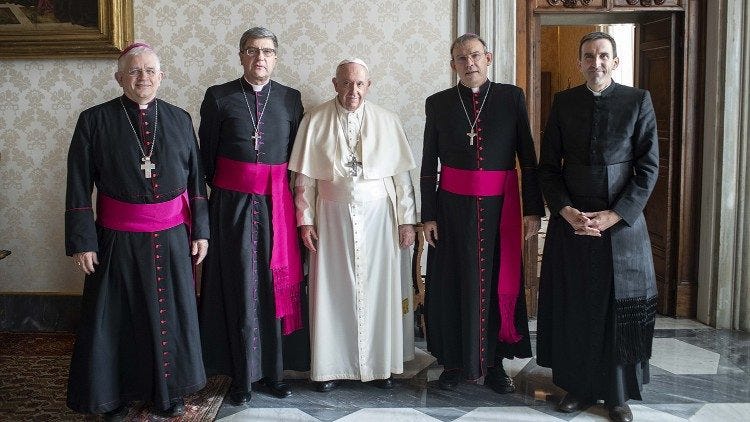 Pope Francis and the members of the French Bishops' Conference presidency: From left to right, Bishop Olivier Leborgne, Bishop Éric de Moulins-Beaufort, Bishop Dominique Blanchet, and Fr Hugues de Woillemont.