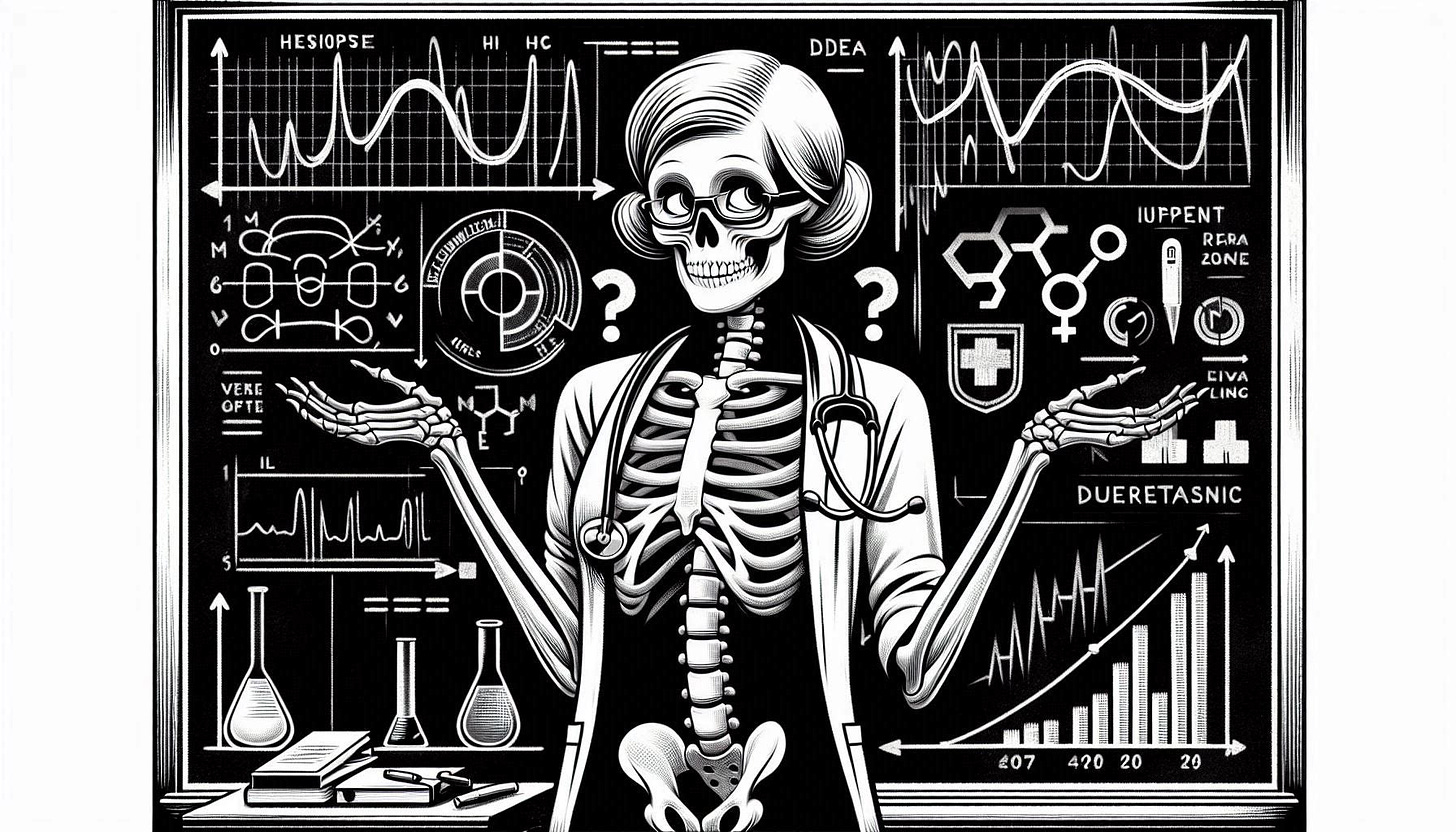 a drawing of a skeleton doctor standing in front of a chalkboard filled with data shrugging its shoulders in black and white art deco style. Image 3 of 4