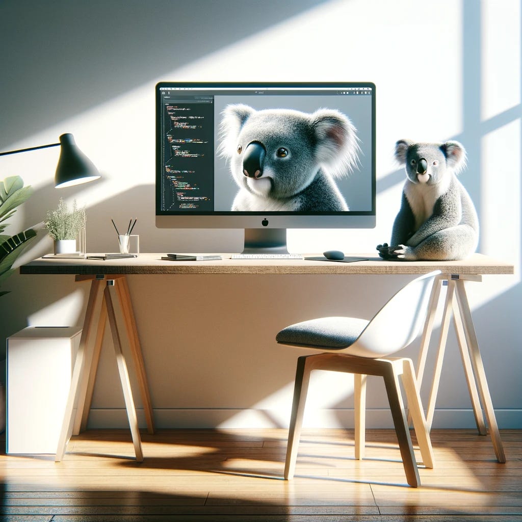 A minimalist office space illuminated by natural light, with a simple wooden desk and a modern computer. On the screen, a project is open, showcasing clean, elegant code. A serene koala is perched on the desk, symbolizing the peaceful and straightforward approach to development, embodying the principle of keeping things simple. This setting reflects the ethos of "Radical Simplicity", where the focus is on the essentials, avoiding unnecessary complexity.