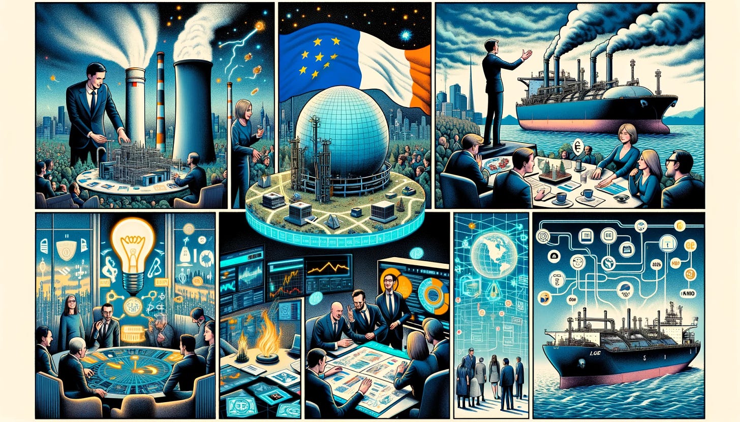 A photo-realistic comic strip depicting the week's key events in the European VC landscape and global economic trends, without text. Panel 1: A figure representing France unveiling a model of a nuclear reactor, symbolizing the €1 billion investment in nuclear technology. Panel 2: A figure representing the US beside a large LNG tanker ship, indicating the US's position as a top LNG exporter. Panel 3: Several people gathered around a high-tech setup with computers and AI models, representing the rise of AI and machine learning. Panel 4: A split scene showing one side with people celebrating in a financially prosperous environment and the other side showing concern in a volatile financial market. Panel 5: A person looking at a large, complex flowchart representing the cryptocurrency market and regulatory changes. Panel 6: A strategic meeting with a globe in the background, indicating the World Bank's forecast of slow global economic growth and the need for strategic recalibration by European investors.