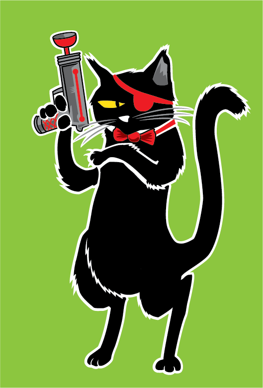 illustration of a little black cat with a sucker gun in one hand, and she's wearing a bowtie and an eyepatch