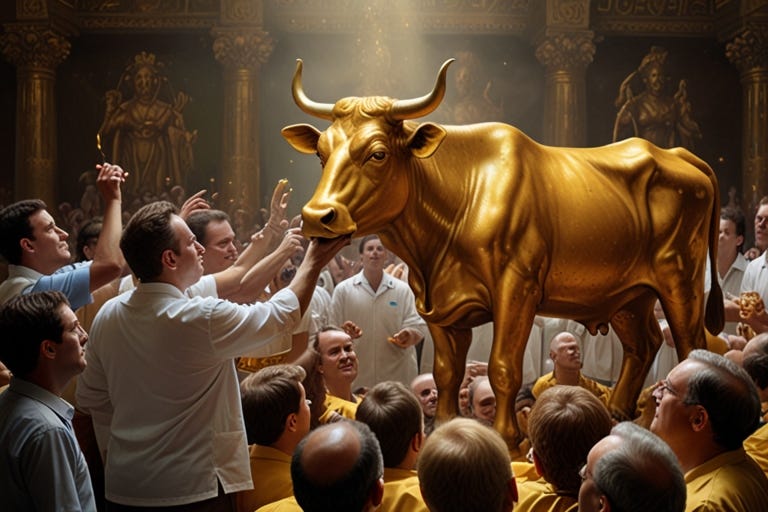 a picture of a golden calf being worshipped by people, and containing logos of pharma companies like pfizer and GSK and Merck