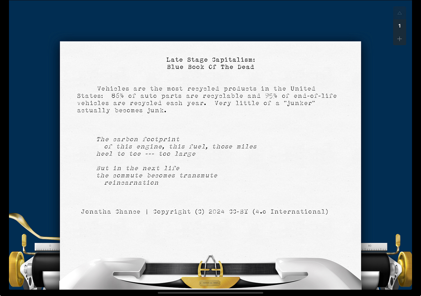 Image of this post as typed on a Hanx app Golden Touch model typewriter.
