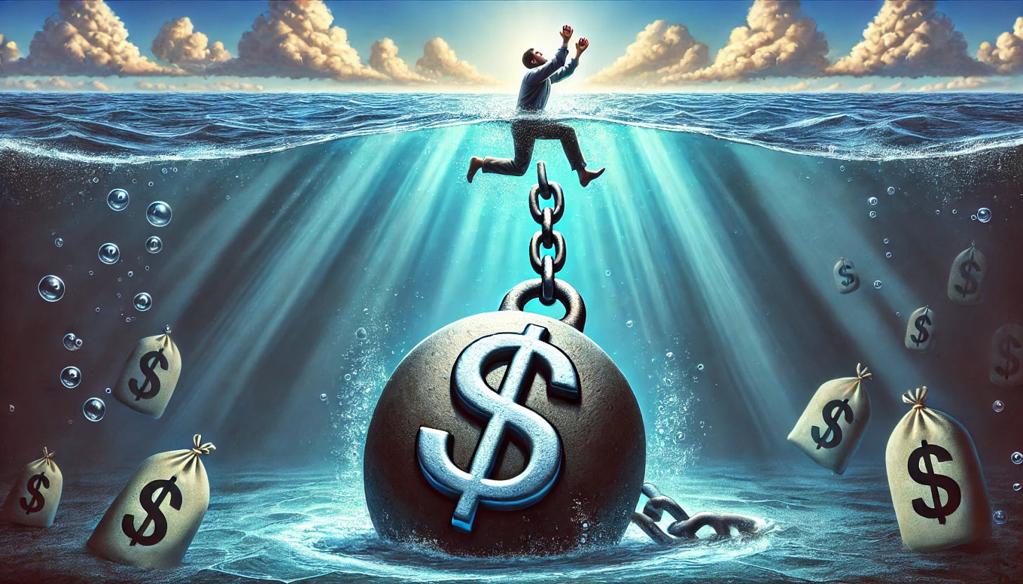 A person struggling to swim upwards towards the water's surface, with their legs chained to a large round iron weight at the bottom of the ocean. The weight represents a failed investment, illustrated by a dollar symbol ($) engraved on it. The water is dark blue or gray, conveying a sense of pressure and exhaustion. The person is desperately clinging to the weight, with a worried and desperate expression, though their body is slowly sinking under the weight. Their hands grip tightly, but their eyes show hesitation and fear. Above the surface, a bright and beautiful seascape with blue skies, white clouds, and golden sunshine represents the opportunity to escape if they let go. This image symbolizes the internal struggle – whether to hold onto the sinking investment or let go and seek a way out.