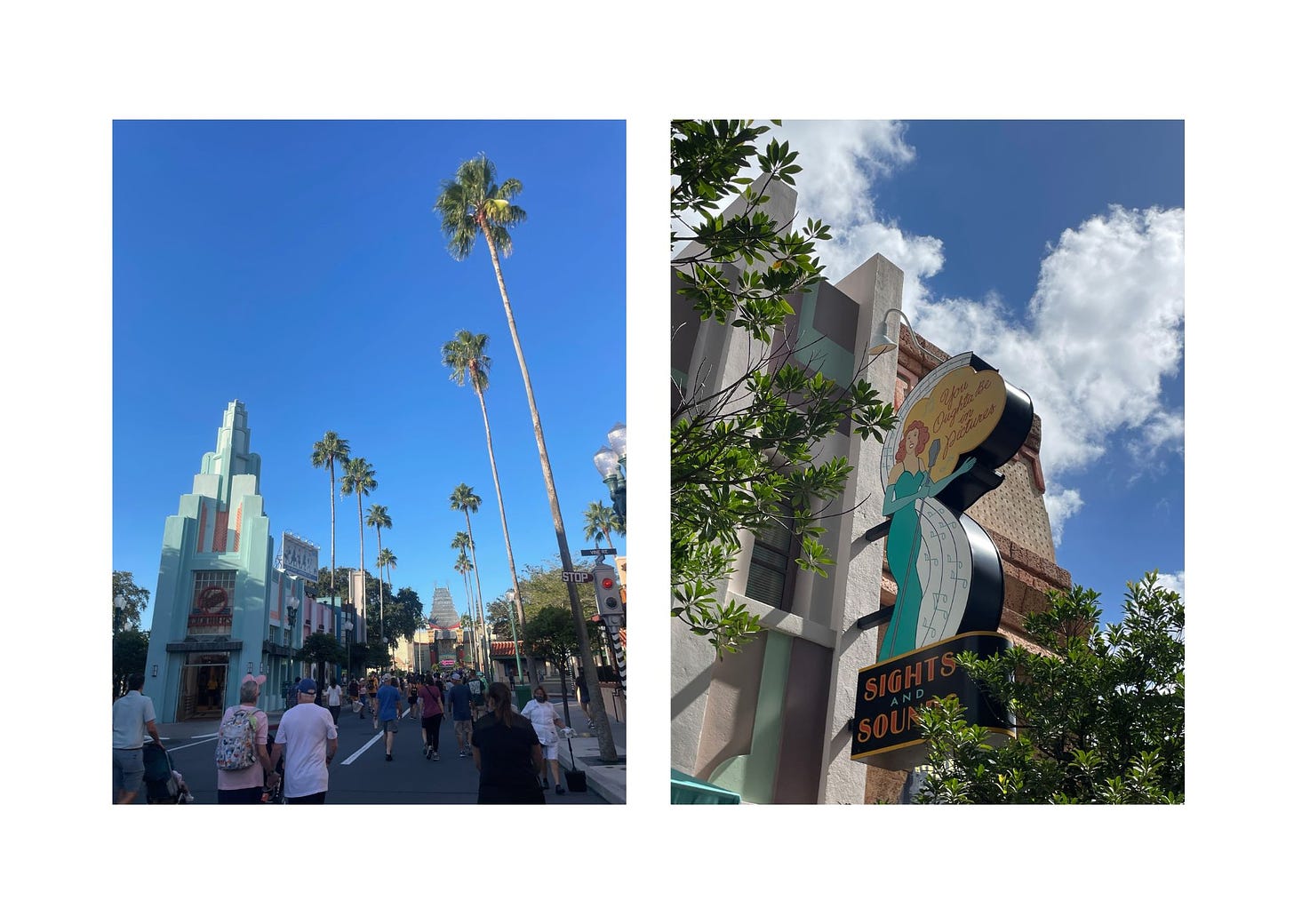 Side by side images of palm trees and a billboard at Disney's Hollywood Studios.