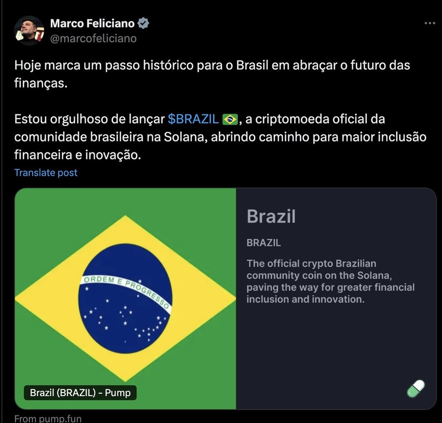 Post no perfil do deputado Marco Feliciano promovendo memecoin