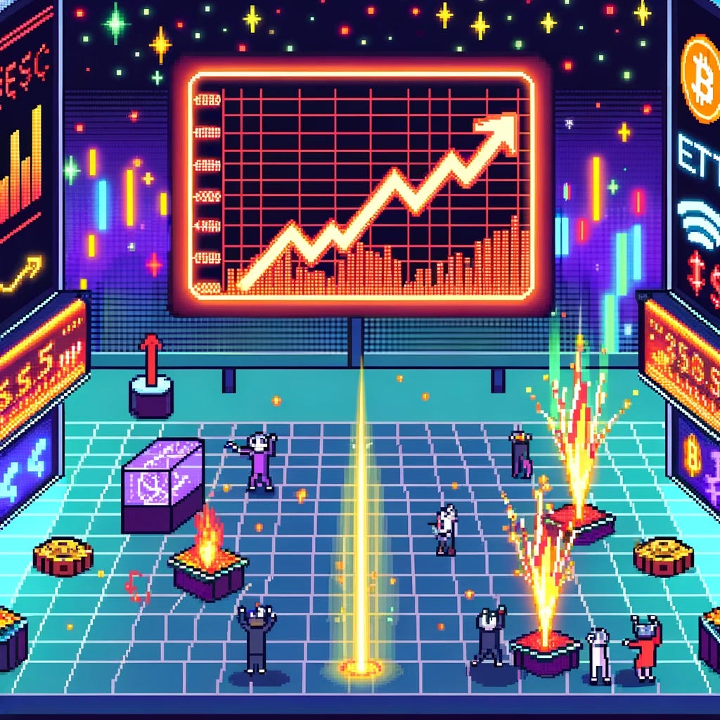 Imagine a dynamic and colorful pixel art scene of a digital marketplace without any text or letters. This bustling hub is alive with the energy of cryptocurrency trading. Without using words, the image conveys excitement through a large digital billboard showing a graph with a steep upward trend, symbolizing a record being set. Another screen flashes with upward arrows and charts, representing soaring trading volumes. A third area features symbolic representations of Bitcoin ETFs sparking activity, illustrated by pixel art flames and lightning bolts. The atmosphere is vibrant, with neon lights and animated advertisements. Characters representing various aspects of the cryptocurrency world populate the scene, each engaging with the market in their unique way, adding to the lively and engaging atmosphere.