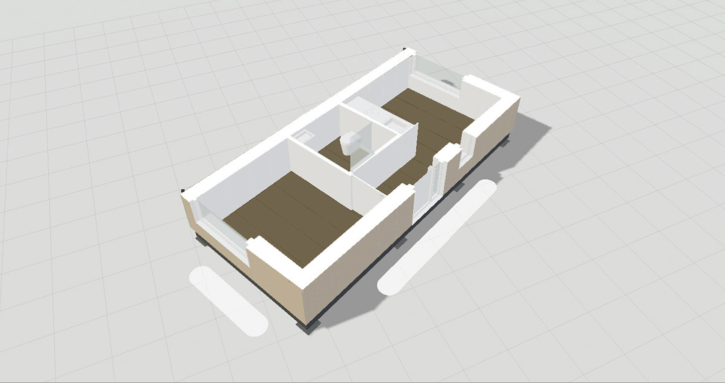 Drone view of a 3d model WikiHouse structure cut horizontally showing 2 rooms and a bathroom. The design is shown in the WikiHouse configurator