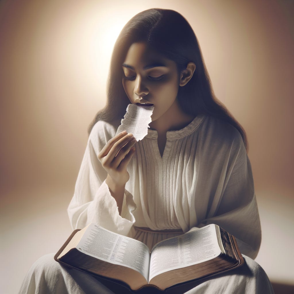 A serene young girl in glowing light, dressed in white, holding an open Bible with a torn-out page. She delicately holds the page near her open mouth, symbolizing Jesus' teaching in John 6:53–63 KJV about spiritually consuming the Word for eternal life.