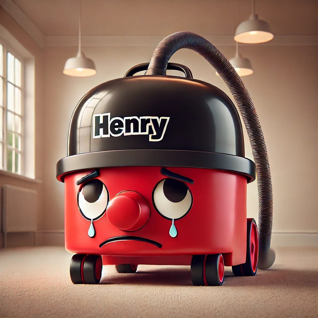 A humorous illustration of a red Henry hoover looking visibly sad. His eyes are drooping with a teary, downcast expression, and his frown is exaggerated to show sadness. The iconic red body, black hose, and large wheels remain, but the overall vibe is one of disappointment and gloom. The background is a simple indoor setting with soft lighting that adds to the melancholic mood.