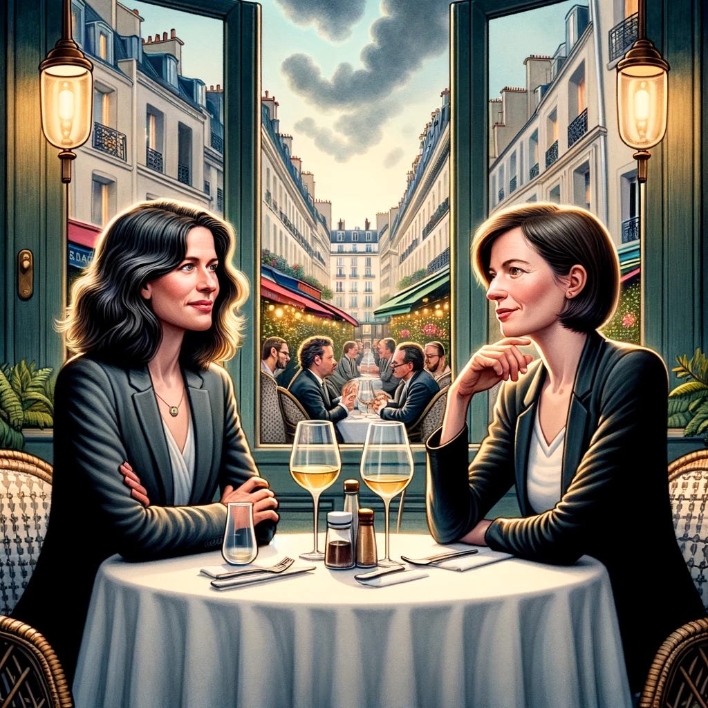An illustration of two scientists, one with dark, shoulder-length hair resembling Emmanuelle Charpentier and another with short, light-colored hair similar to Jennifer Doudna, sitting at a table in a quaint French restaurant. They are engaged in a deep conversation about CRISPR technology. The setting includes elegant decor with French motifs, a candlelit table with wine glasses, and a view of a bustling Parisian street outside. This scene combines a sense of sophistication and scientific discussion in a relaxed, social environment.
