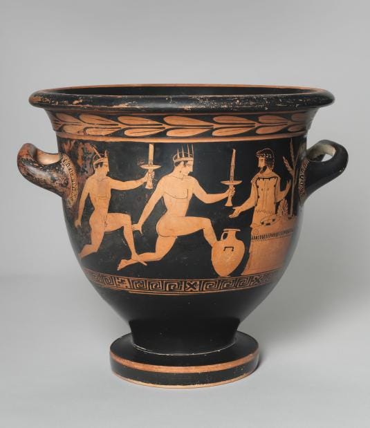 Depicted on an ancient vessel are two runners with torches racing toward an altar with a priest standing behind it.