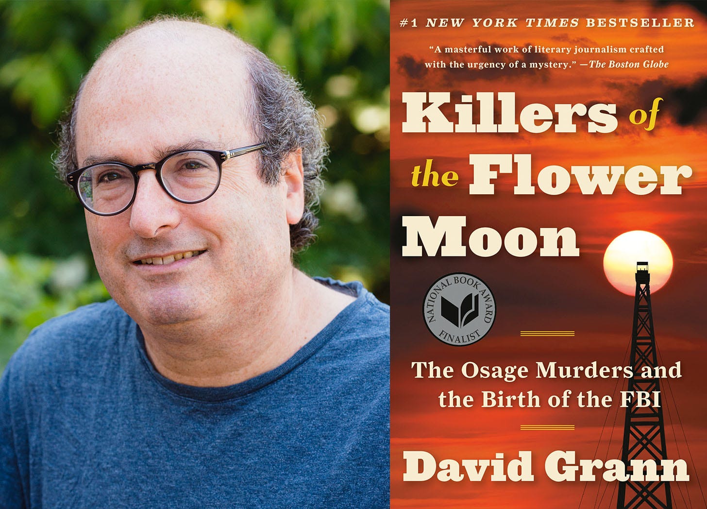 A portrait of author David Grann side by side with the cover of his book, Killers of the Flower Moon, which was adapted into a film by Martin Scorsese and starring Leonardo DiCaprio