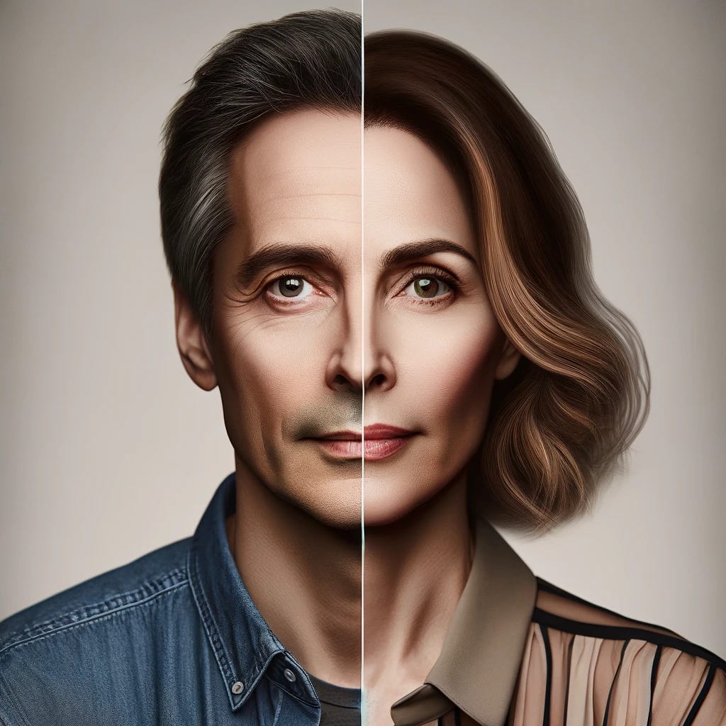 A split portrait seamlessly blending the same person at 40 years old into two distinct gender expressions. On the left, the individual is depicted as male, with signs of maturity such as subtle wrinkles and a distinguished look, short hair, a defined jawline, and wearing a casual button-up shirt. On the right, the same person exhibits feminine characteristics, with slightly longer and styled hair, softer facial features, subtle makeup, and wearing a blouse, maintaining a mature and refined expression. The portrait captures the nuances of aging and gender expression in a single individual, emphasizing the beauty of identity across the gender spectrum, with a blend that highlights the same person’s features in a respectful and insightful manner, against a neutral backdrop.