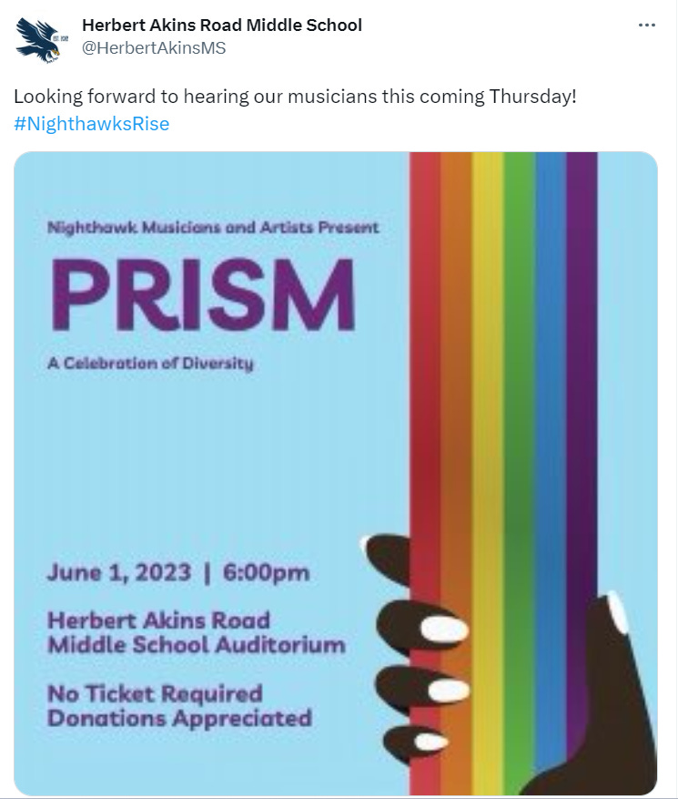 Screenshot of tweet from Herbert Akins Road Middle School promoting concert titled "PRISM: A Celebration of Diversity"