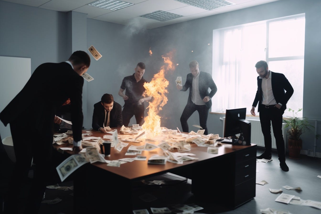 Office workers burn piles of cash in their office