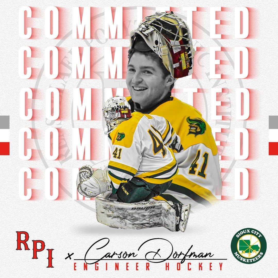 Sioux City Musketeers on X: "A legacy is headed to RPI, congrats to our  goaltender Carson Dorfman on his commitment to @RPI_Hockey #SCMusketeers |  #USHL | #SiouxCity | @USHL https://t.co/LjTf1KGBdl" / X