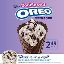 Sonic Drive-In - Introducing SONIC's new Double Stuf OREO Waffle Cone. A  waffle cone made from OREO cookie wafers and filled with sweet OREO crème,  real ice cream and OREO cookie pieces.