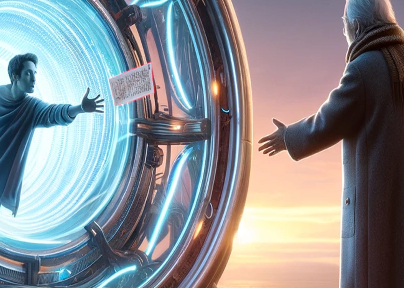 Digital artwork of a futuristic time travel portal with a man stepping through from the reflective surface to receive a note from an older version of himself standing outside, set against a dawn or dusk sky. This is a closeup of the image above focusing on the letter being passed.