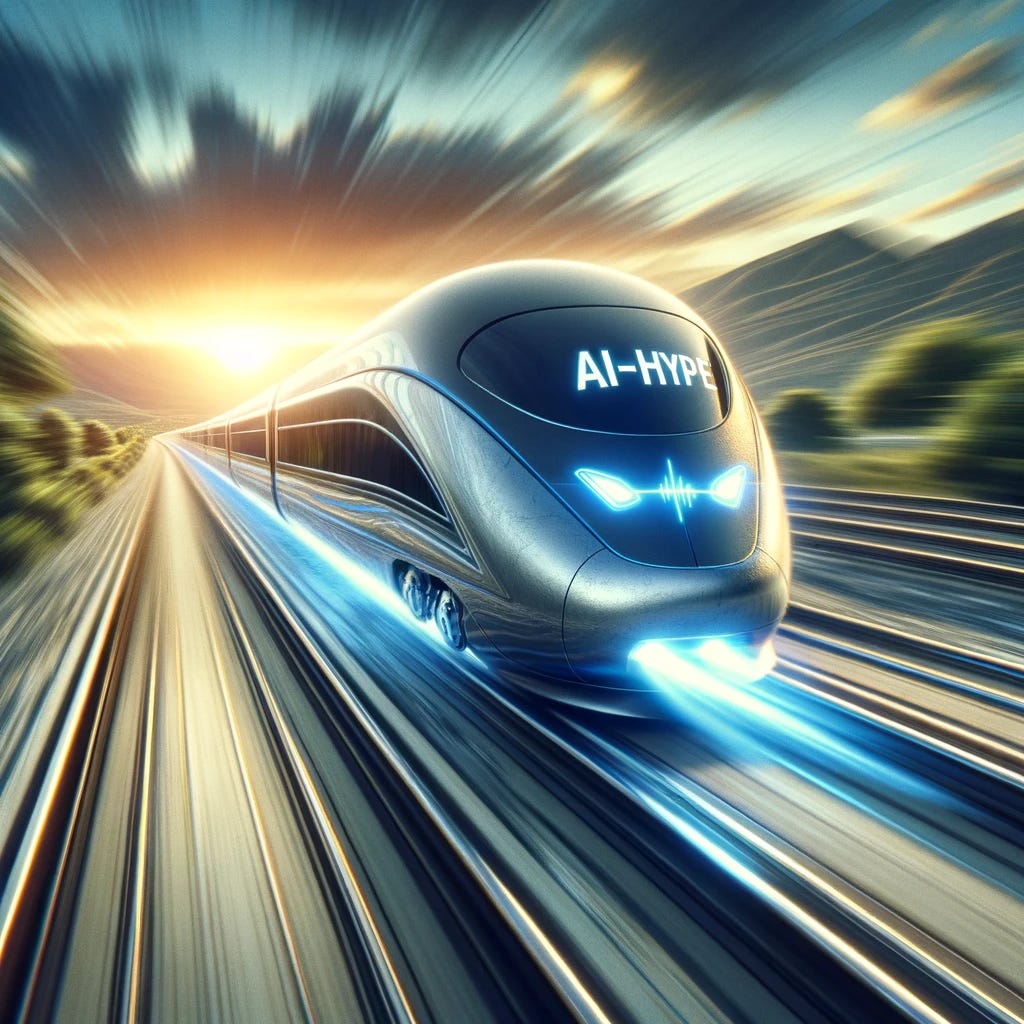A futuristic, sleek train with 'AI-Hype' emblazoned on its side, powering forward on a track that symbolizes rapid technological advancement. The landscape around the track blurs, emphasizing the train's incredible speed and momentum. The scene captures the essence of excitement and unstoppable progress in the field of artificial intelligence, as if the train is racing into a bright, promising future.