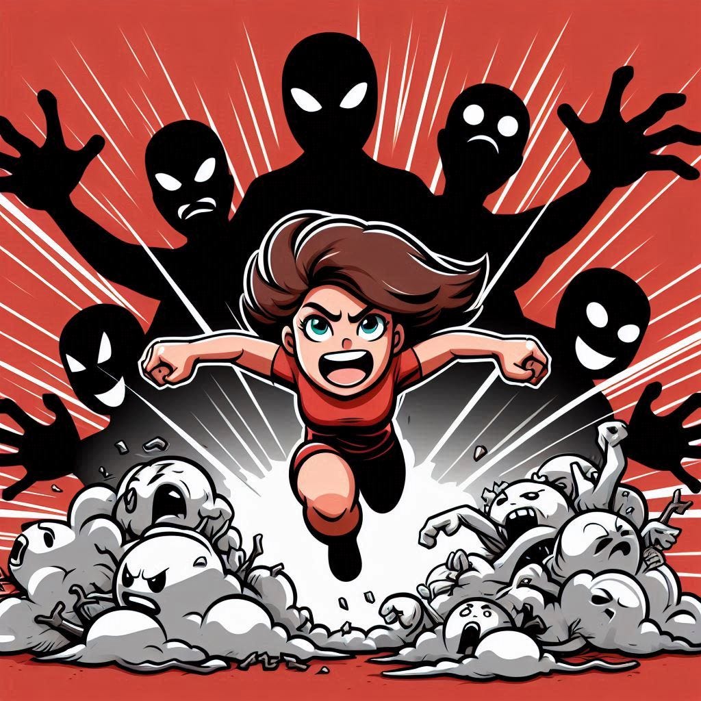 a cartoon of a woman bursting out from the shadow of the things she fears