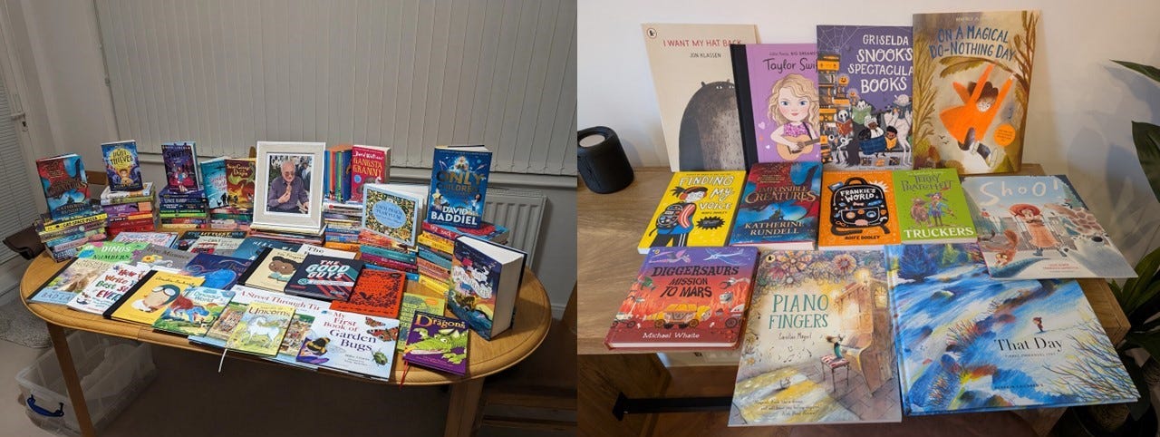 Two pictures. Left is a dining table covered in colourful children's books and a photo of a man eating an ice cream. Right is a smaller table covered in children's books.