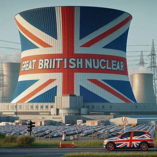 A modern SMR nuclear plant but it's dressed up in the colours of the British flag and underneath is a gigantic sign saying "Great British Nuclear". Image 1 of 2