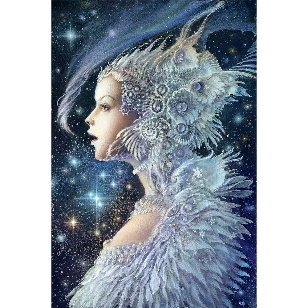 Set in profile against a busy starscape, a regal woman exhales a frosty breath that starts as a delicate spiral before dissolving overhead. Her skin is pale and her wardrobe decidedly wintry, mostly white with pearlescent accents. She wears an ornate headdress, detailed in ornamentation, all swirls and flourishes. Her gown made of feathers and snowflakes opens high on the chest to expose more pale skin but she seems unaffected by the chill of winter.