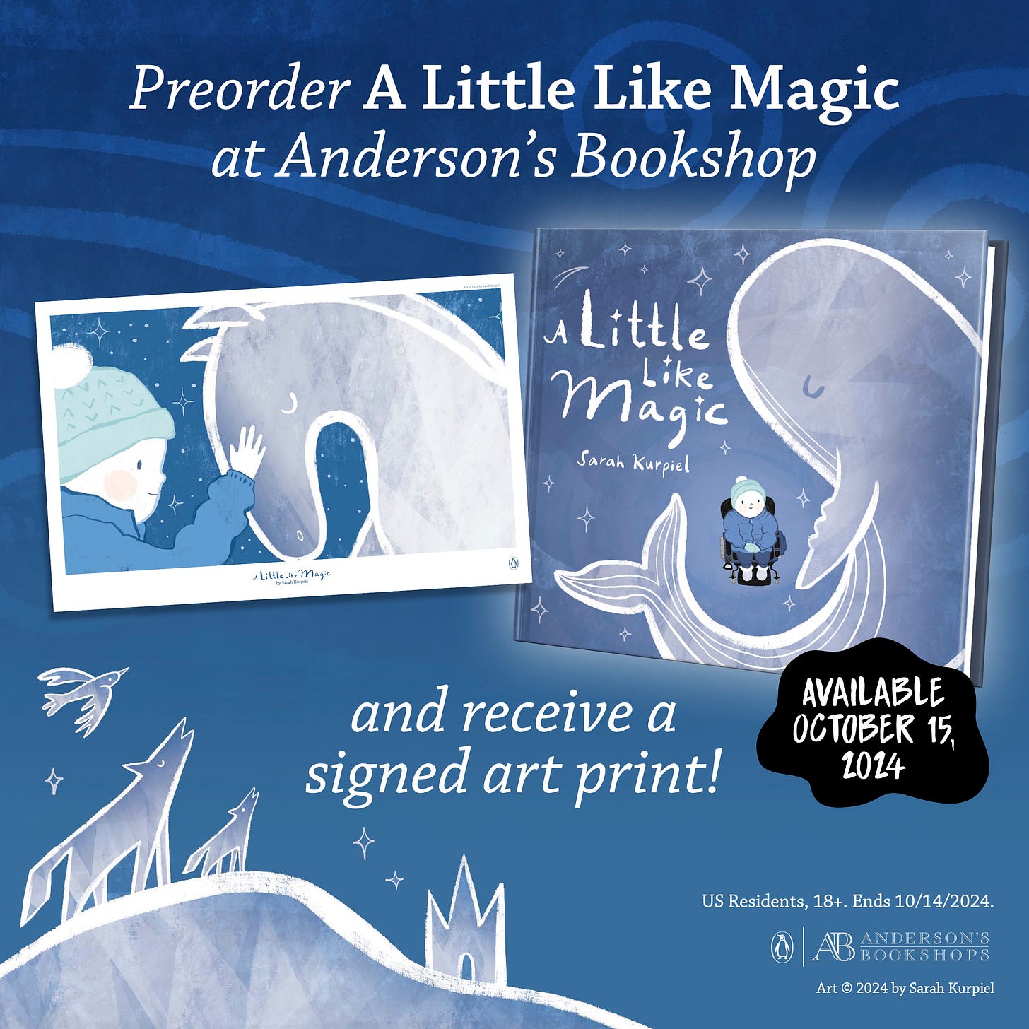 Graphic featuring the picture book A Little Like Magic next to an art print showing a kid reaching out to touch a horse. Text reads: "Preorder A Little Like Magic at Anderson's Bookshop and receive a signed art print. US Residents, 18+. Ends 10/14/2024."