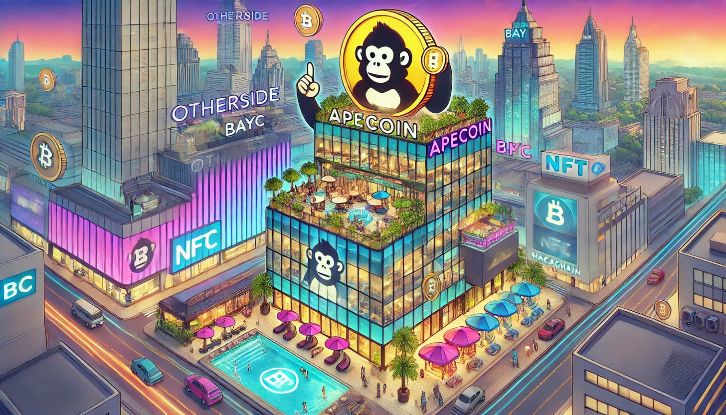 A vibrant, cartoon-style depiction of a luxury ApeCoin-themed hotel located in central Bangkok. The hotel features a modern high-rise design with a giant ApeCoin logo prominently displayed on the facade. The rooftop includes a stylish bar with a glowing neon ApeCoin symbol and a swimming pool shaped like an ape silhouette. The interior showcases themed rooms inspired by Otherside, BAYC, ApeChain, and Mocaverse, each decorated with NFT-inspired artwork and futuristic lighting. A lobby decorated with sleek furnishings, APE-branded walls, and interactive NFT exhibitions. The overall scene is bustling with activity, vibrant colors, and a blend of high-tech and tropical aesthetics.