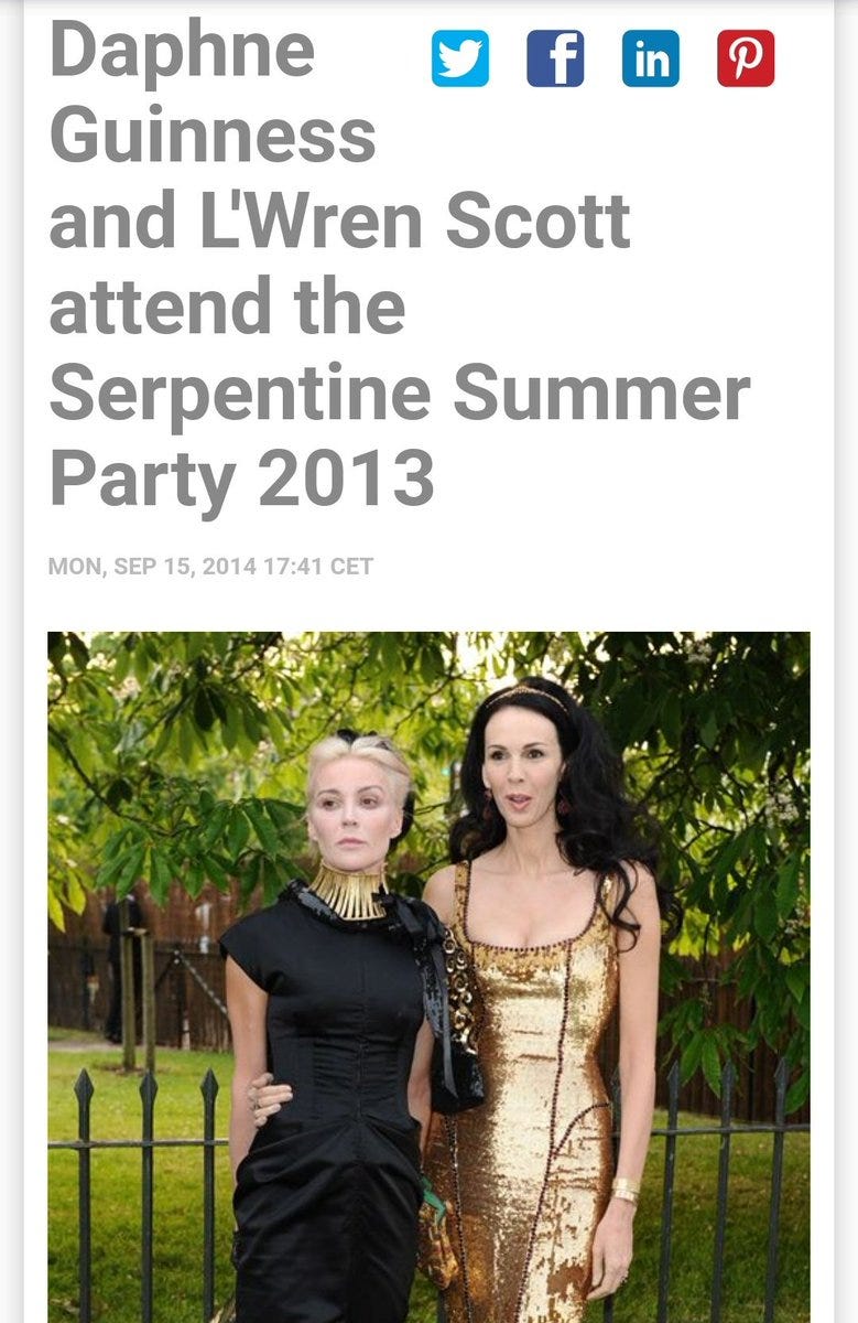 Daphne is highly involved with the usual Suspects of the cult. Including Marina Abramovich, Lady Gaga and famous doorknob/ scarf suicide victims L'Wren Scott and Alexander McQueen.