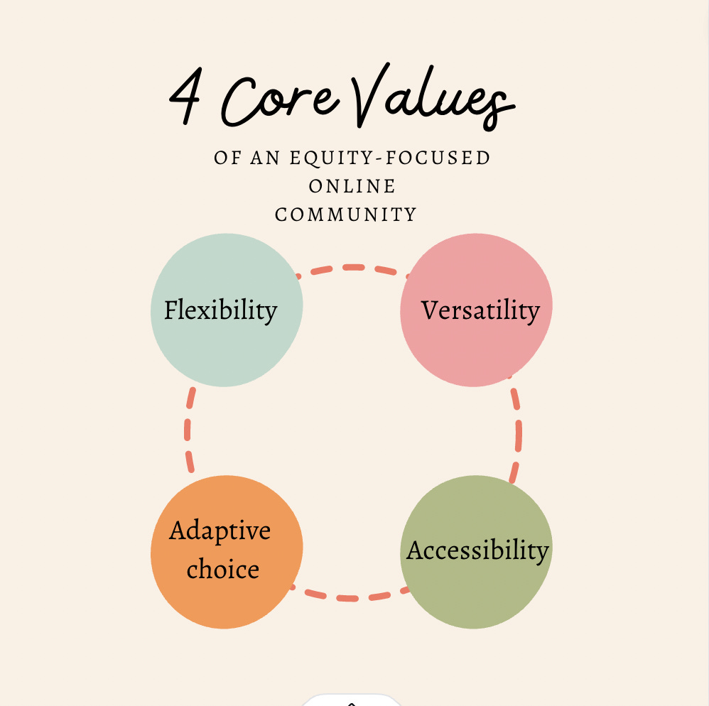 4 Core Values of An Equity focused online communit. See Caption for details
