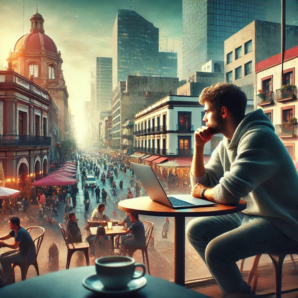 A digital nomad sitting alone at a café table in a busy city like Mexico City. The city is vibrant and full of life, but the person appears disconnected, gazing out with a thoughtful expression. The scene reflects loneliness amidst a bustling environment, highlighting how one can feel isolated even in a crowd. Empty seats and a laptop on the table represent the transient and isolated nature of relationships in the nomadic lifestyle.