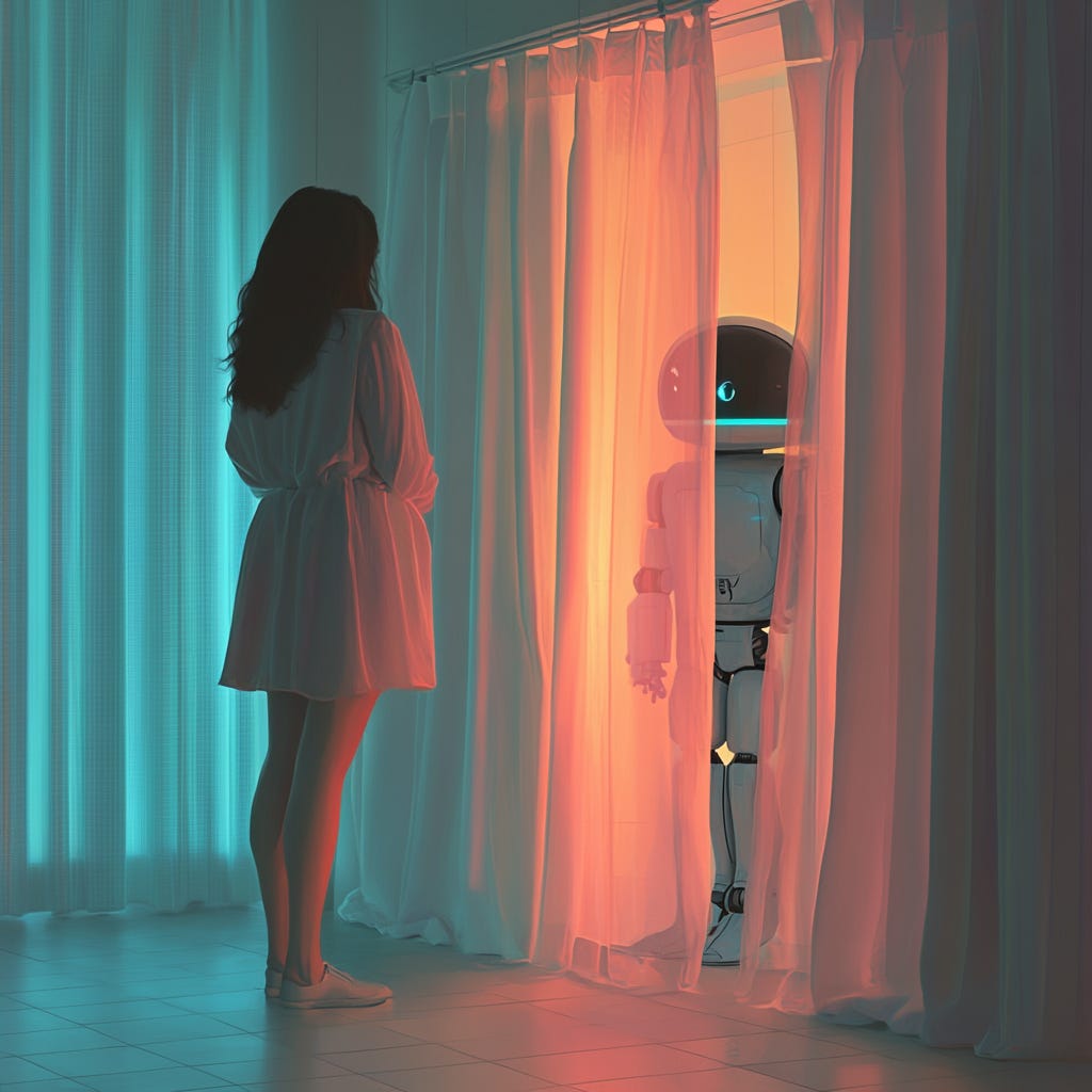  Highly detailed aesthetic. A woman standing in front of a curtain and a cute robot hiding behind the curtain. 