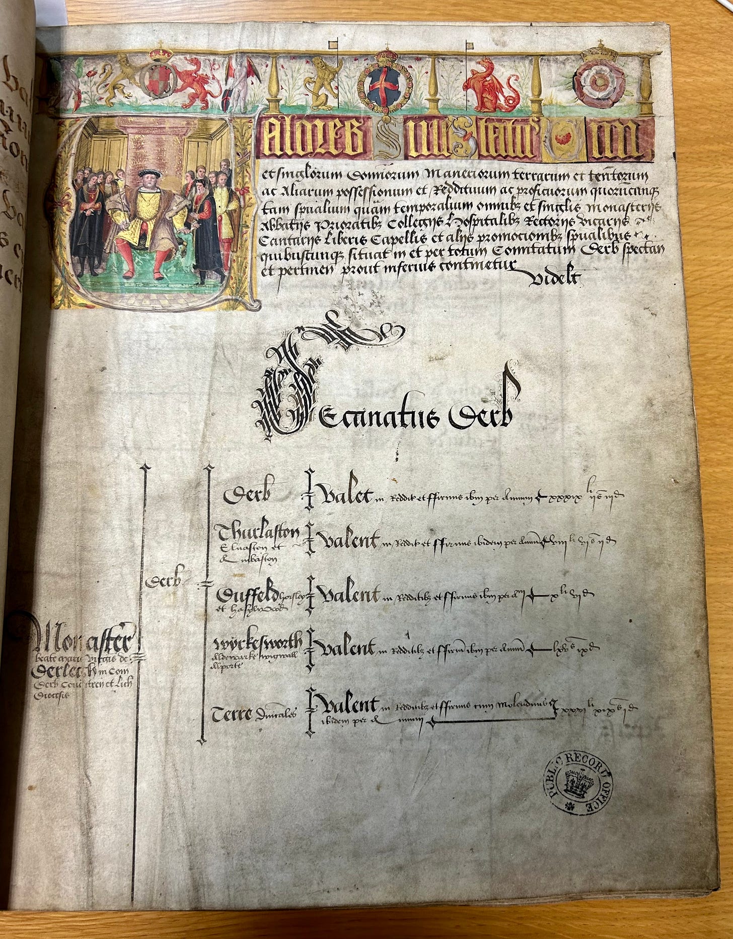 A page from a sixteenth century book. The top of the page is taken up with an illustration of Henry VIII as part of an illuminated letter V. The text is in Latin.