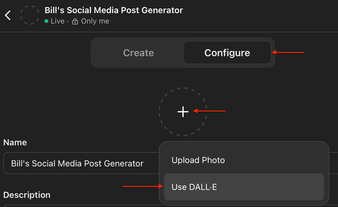  Screenshot of the "Bill's Social Media Post Generator" configuration menu with options to upload a photo or use DALL-E.