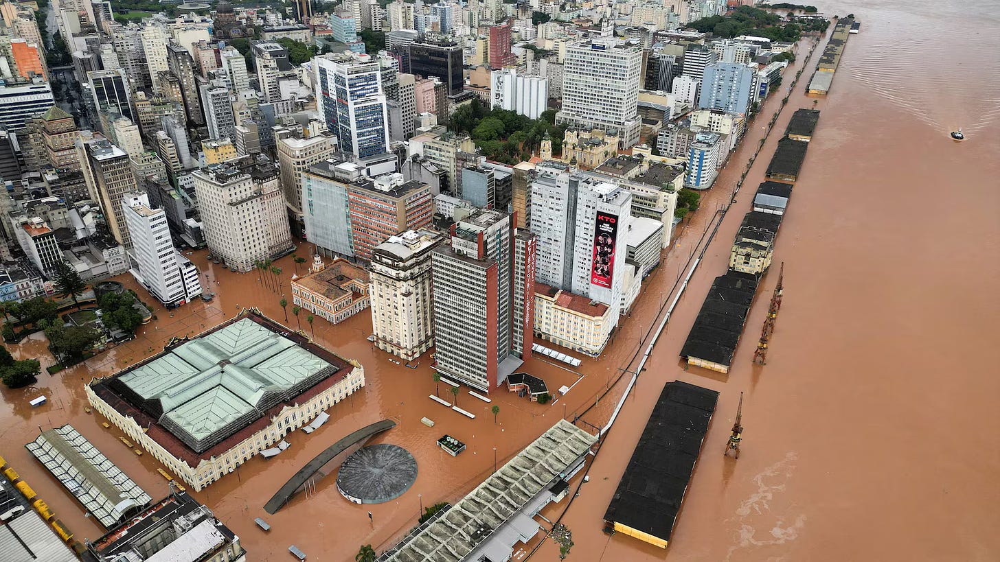 A drone view shows a flooded city center after people were evacuated in Porto Alegre, in Rio Grande do Sul state, Brazil, May 5. Photo: Renan Mattos/Reuters.