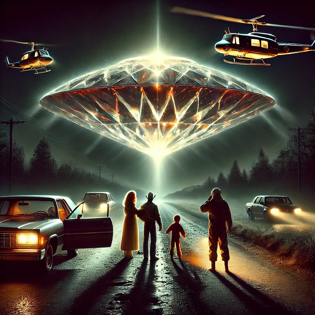 A dramatic depiction of the 1980 Cash-Landrum UFO Incident. A dark rural highway at night, where an enormous, glowing, diamond-shaped UFO hovers just above the road, emitting an intense, searing heat. Three terrified witnesses—a woman, her friend, and a young boy—stand outside their car, shielding their faces from the unbearable brightness. The metallic craft pulsates with energy, while military helicopters circle in the background, their searchlights illuminating the strange object. The road is scorched beneath the craft, waves of heat distorting the air. The witnesses' faces are filled with fear and pain, their skin already reddened from the radiation exposure. The eerie glow from the UFO dominates the scene, casting long, unnatural shadows and creating an overwhelming sense of dread, secrecy, and something beyond human comprehension.