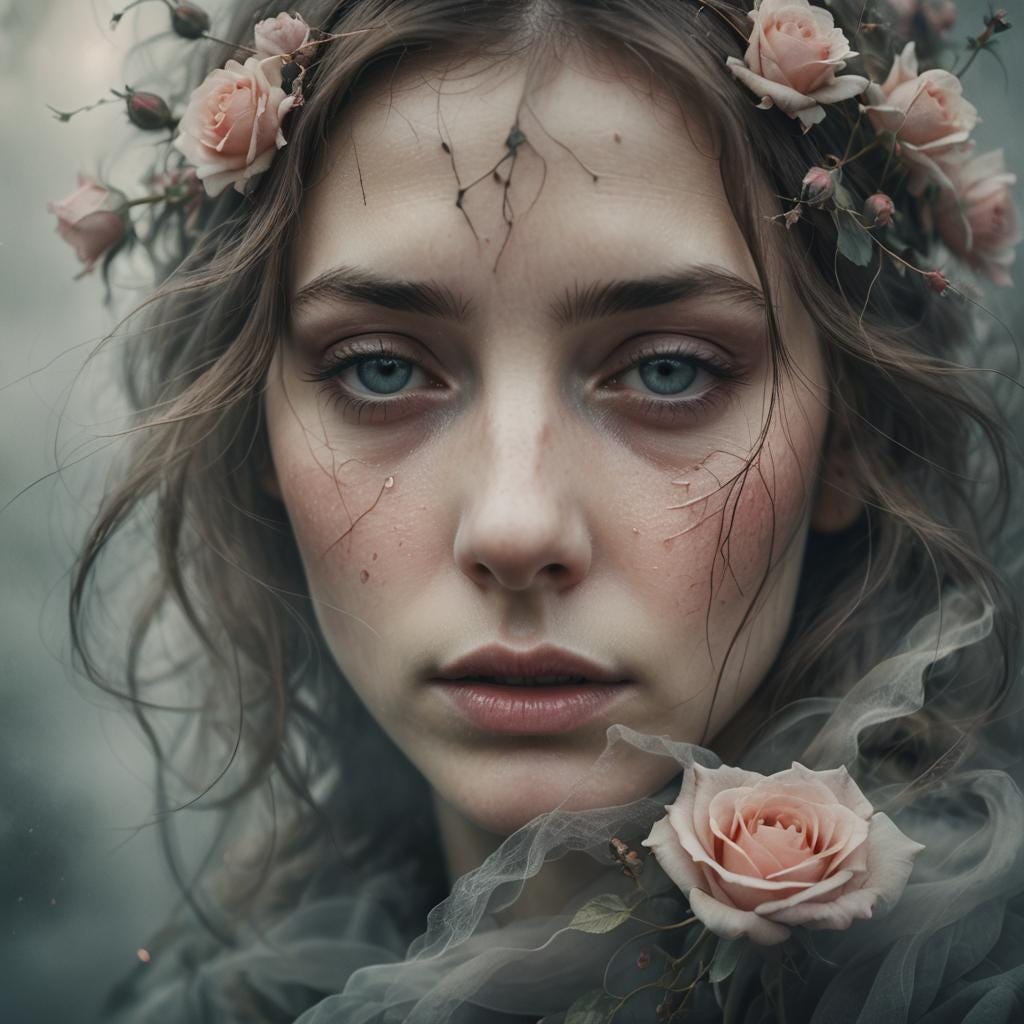 Girl sad, with flowers in her hair