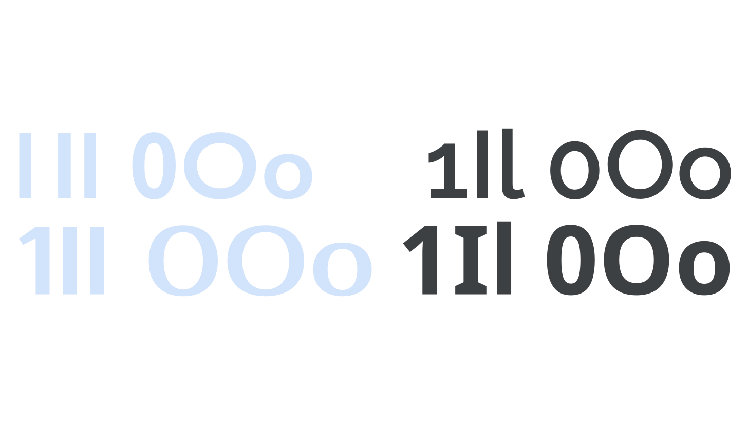 “1Il 0Oo” set in four different typefaces. Many of these characters in two typefaces on the left are indistinguishable, whereas the two examples on the right are far more legible.