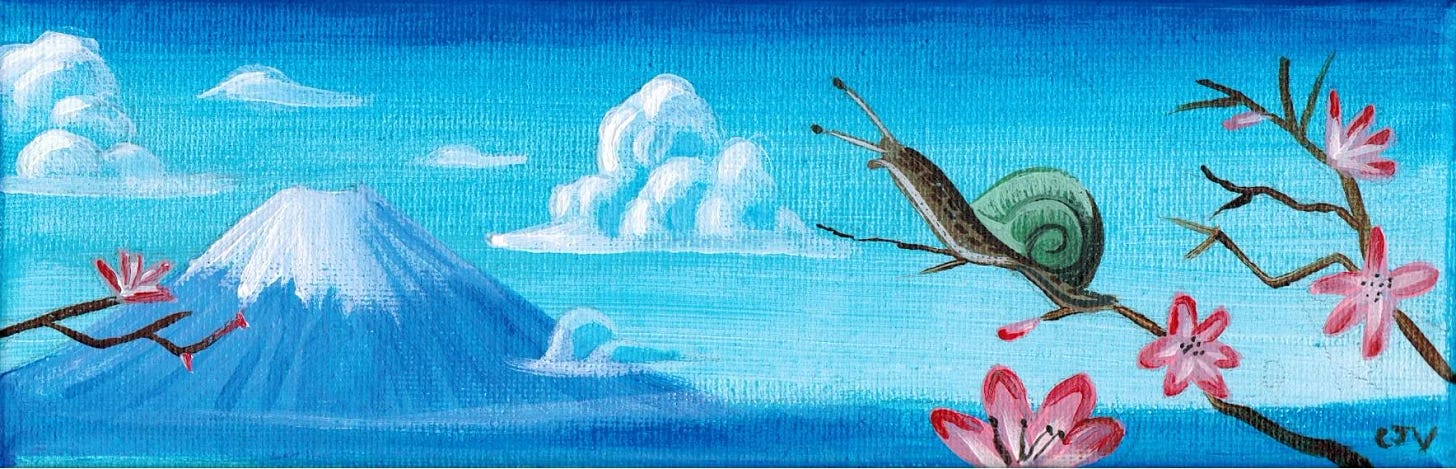 A painting of a snail looking at Mt. Fuji in preparation for its journey.