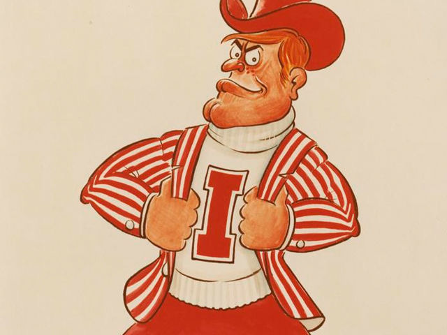 Cartoon drawing of a weird angry guy in a red hat with an I on his shirt and what, is this a Hoosier