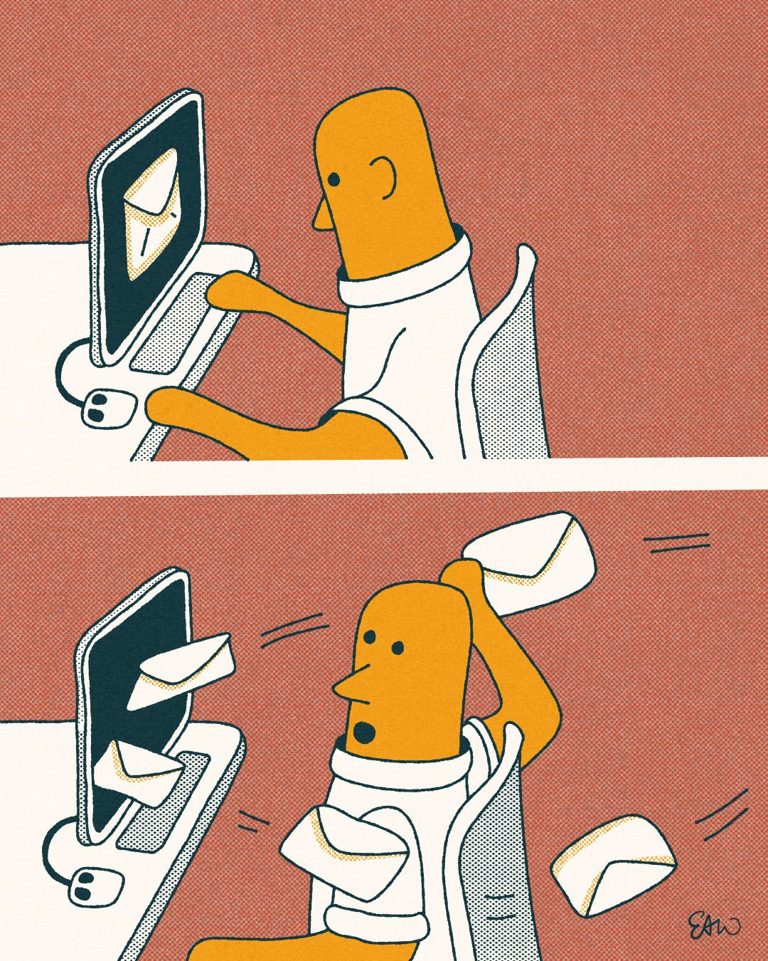 Panels one and two of a four panel comic drawn in a retro style showing a character sitting in front of a computer. On the screen is the image a single envelope indicating new email. Then in the next panel, multiple envelopes start physically flying out of the computer.