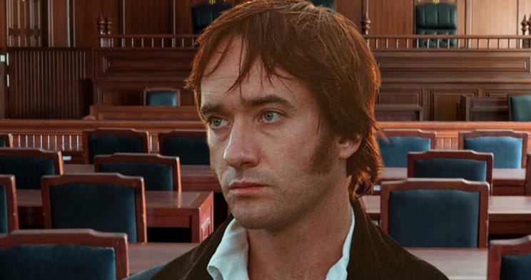 Mr. Darcy sitting in a courtroom, looking morose
