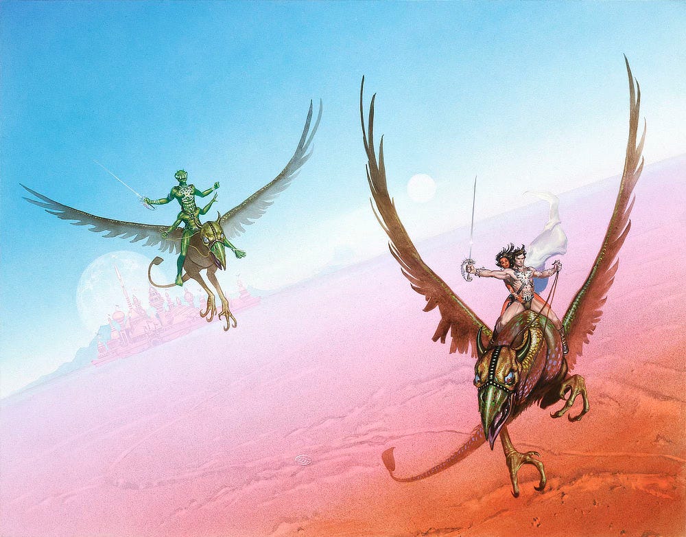 On the back of a saddled Martian bird, John Carter flies above a barren red landscape with the horizon tilted at a steep angle. His arms are spread wide as he grips reins in one hand and a rapier in the other. Dejah Thoris has a worried expression as she holds him around his waist. The bird twists with its eyes and beak pointing in a different direction than rider, giving a disorienting change in motion. Behind flies Tars Tarkas on his own winged mount. An elegant city with high reaching spires and onion-shaped peaks sits in the distance framed by a huge moon. Another smaller moon hangs bright in the gray blue sky. 