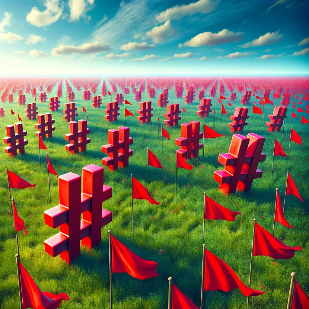 A vivid landscape of a vast field dotted with numerous red flags and interspersed with large hashtag symbols (#), each symbol standing tall among the flags. The scene is under a bright blue sky, with the horizon stretching far into the distance. The inclusion of hashtag symbols adds a contemporary, digital dimension to the metaphor of 'seeing red flags', blending traditional cautionary symbolism with modern social media culture. The red flags and hashtag symbols are vivid against the green of the grass, creating a visually striking contrast. The perspective is wide, allowing both the flags and hashtags to be prominent, symbolizing the interconnectedness of online discourse and real-world caution.