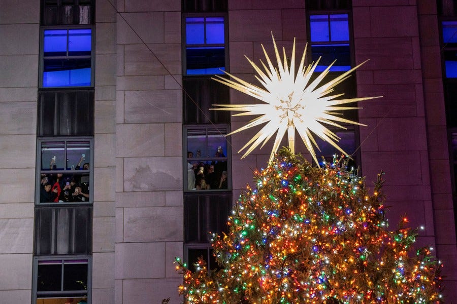 People watch from a building's windows as a tall Christmas tree is lit.