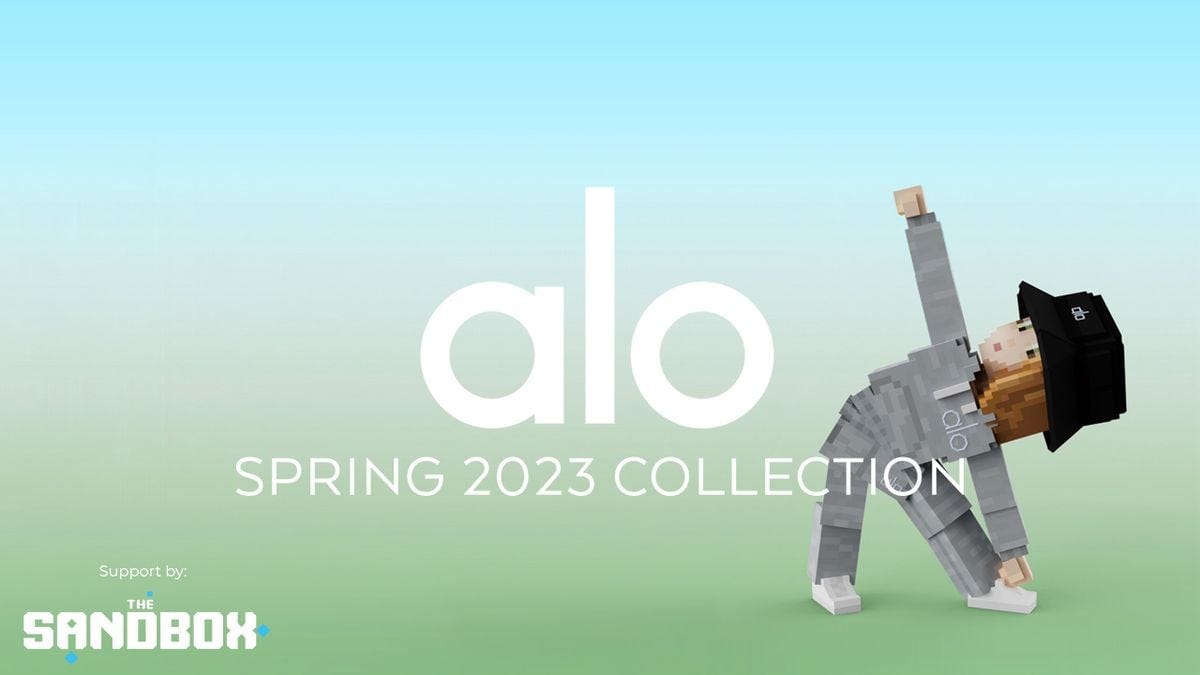 A digital avatar stretches in Alo Yoga-branded digital wearables.