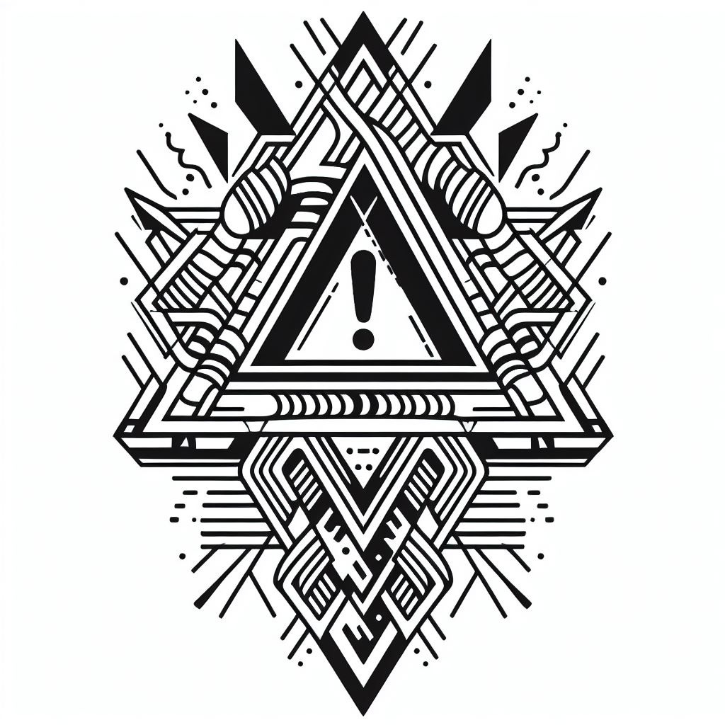 tattoo modern composition of an danger alert exclamation symbol with geometric form , like pattern, abstract vector flat design, clean line art, fine line Art, coloring page featuring a black and white --ar 2:3 --q 5 --v 5.1