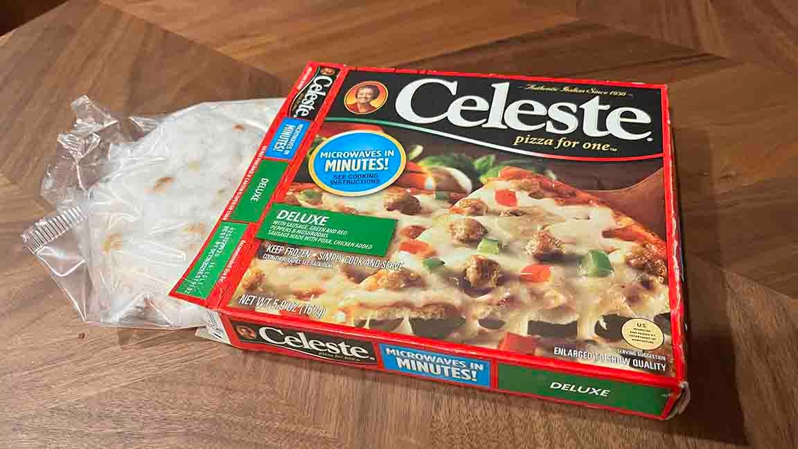 Celeste pizza from my freezer with lots of ice on top